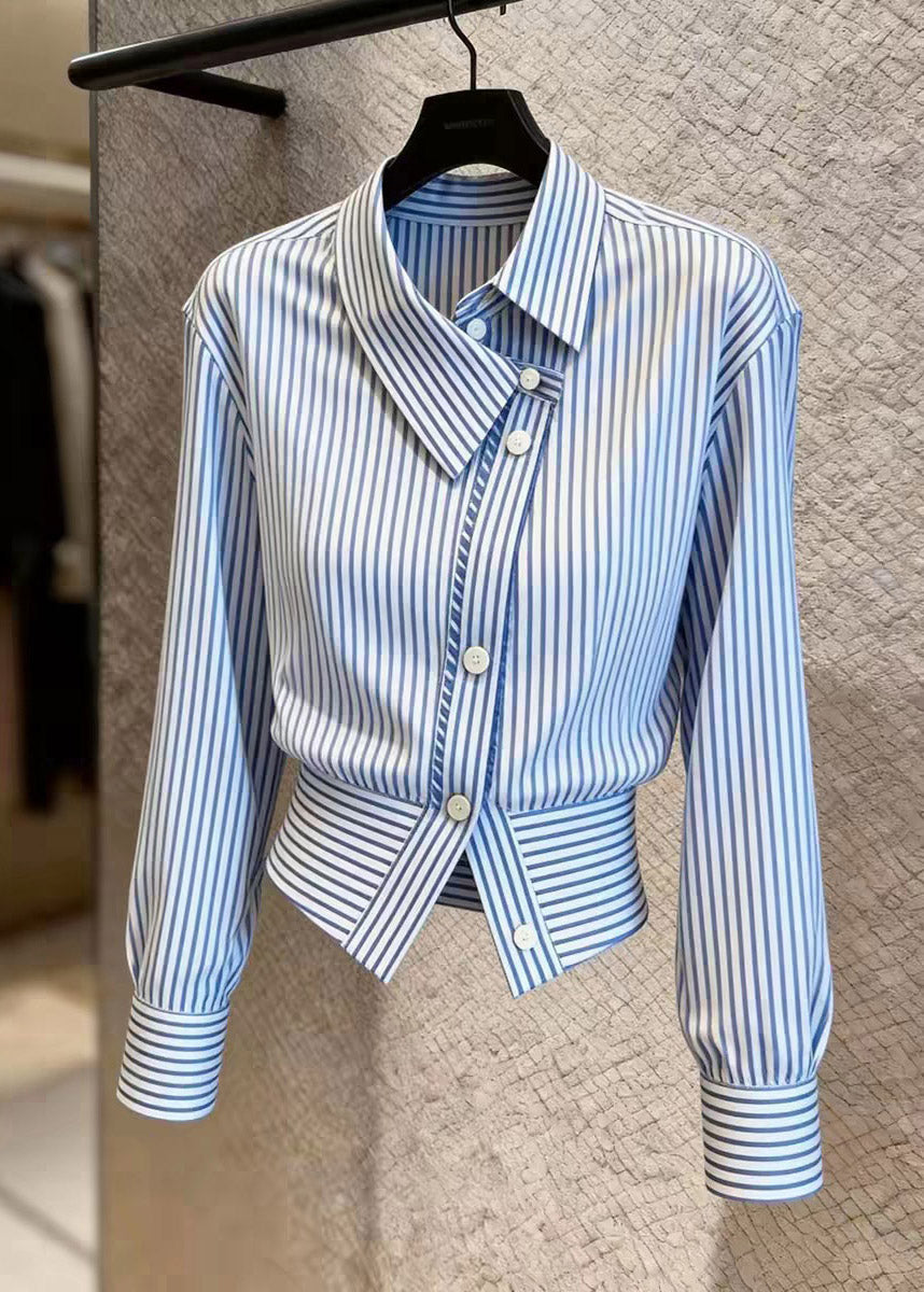 Chic Blue Striped Peter Pan Collar Button Shirt Spring