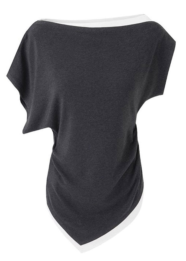 Chic Dark Grey Slash Neck Asymmetrical Top Short Sleeve