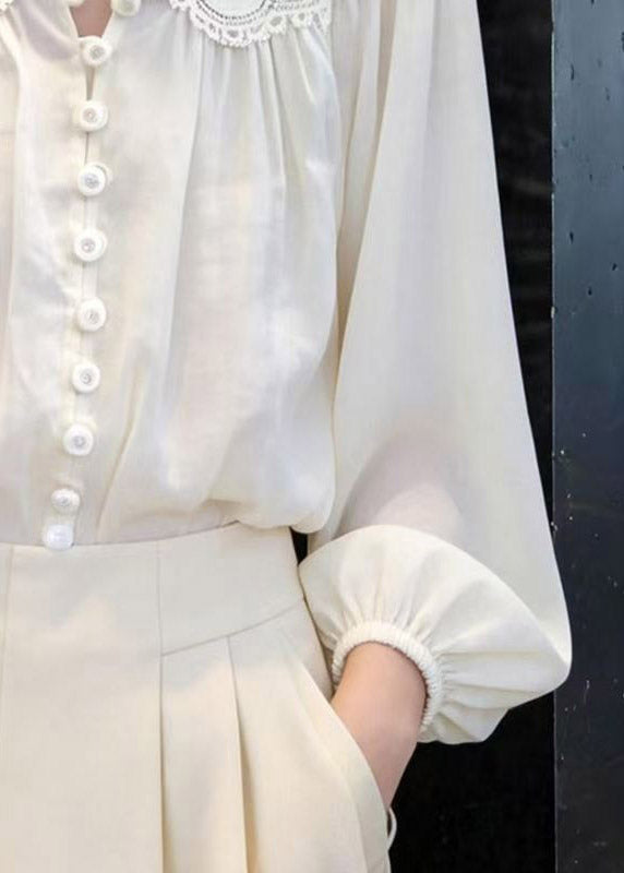 Elegant White Embroidered Hollow Out Lantern Shirt Spring