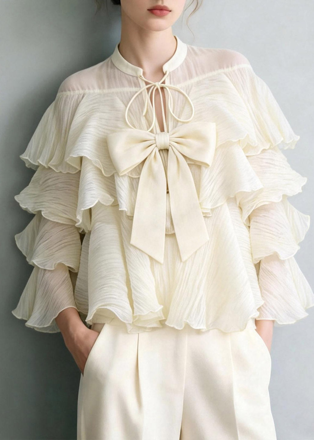 Elegant White Tie Lace Bow Ruffled Patchwork Top Spring
