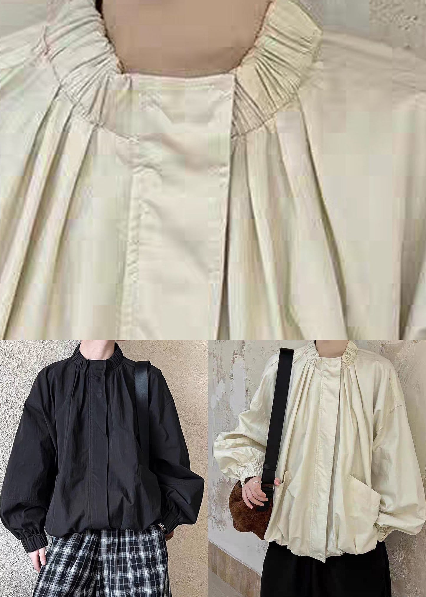 Loose Apricot Stand Collar Pockets Coats Lantern Sleeve