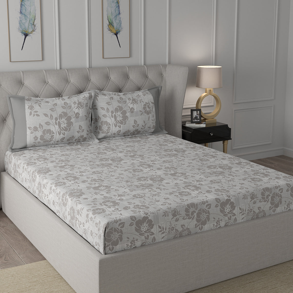 Backyard Patio Textured Floral Printed 100%Cotton Brown Bed Sheet with Pillow Case