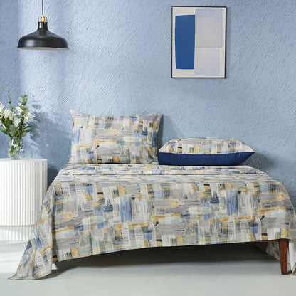 Whimsy Nature Brush Strokes Digital Printed 100% Cotton Blue Bedsheet with Pillow Case