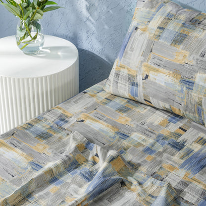 Whimsy Nature Brush Strokes Digital Printed 100% Cotton Blue Bedsheet with Pillow Case
