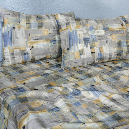 Whimsy Nature Brush Strokes Digital Printed 100% Cotton Blue Bedsheet with Pillow Case
