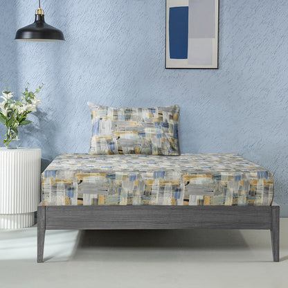Whimsy Nature Brush Strokes Digital Printed 100% Cotton Blue Bedsheet with Pillow Case