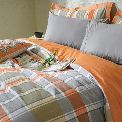 Whimsy Nature Vivid Plaid Woven 100% Cotton Rust 8pcs Duvet Cover Set