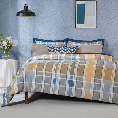 Whimsy Nature Vivid Plaid Woven 100% Cotton Blue 8pcs Duvet Cover Set