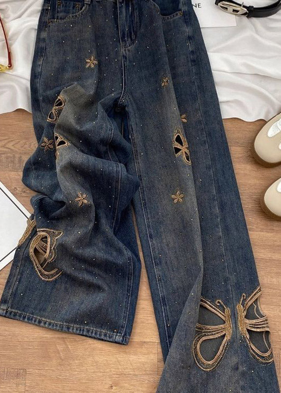 2026 New Hollow Out Butterfly Zircon Straight Jeans