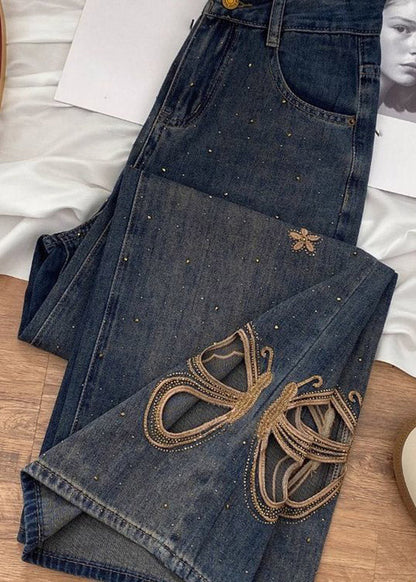 2026 New Hollow Out Butterfly Zircon Straight Jeans