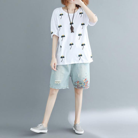 Art white cotton clothes Fashion Sleeve o neck embroidery daily blouses