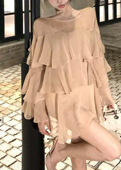 Beautiful Blue O-Nec Ruffled Tulle Patchwork Chiffon Shirt Spring