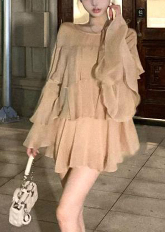 Beautiful Blue O-Nec Ruffled Tulle Patchwork Chiffon Shirt Spring