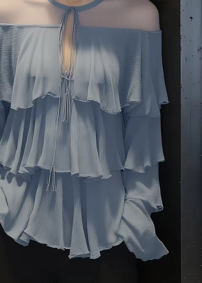 Beautiful Blue O-Nec Ruffled Tulle Patchwork Chiffon Shirt Spring