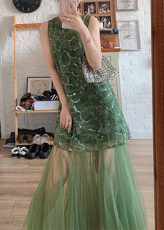 Beautiful Green O-Neck Patchwork Tulle Vacation Maxi Dresses Sleeveless
