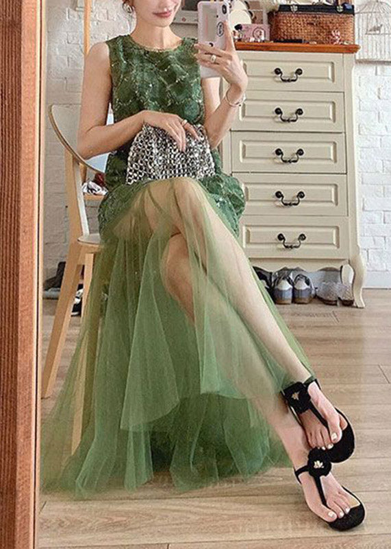 Beautiful Green O-Neck Patchwork Tulle Vacation Maxi Dresses Sleeveless