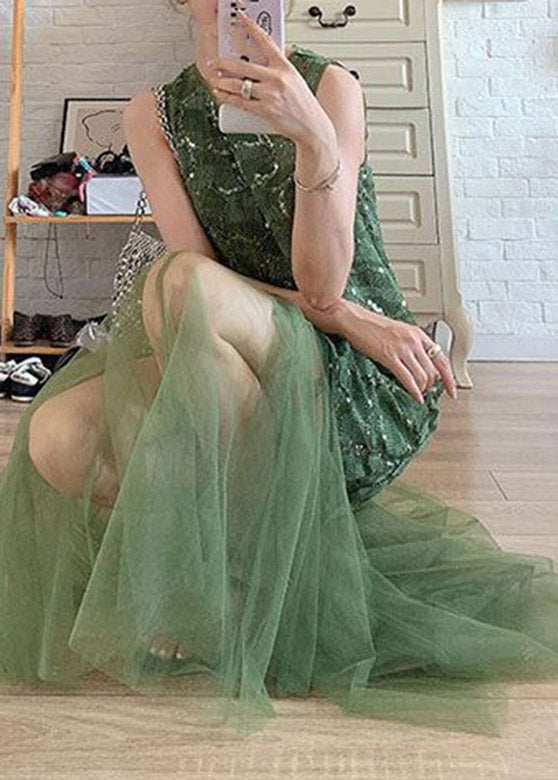 Beautiful Green O-Neck Patchwork Tulle Vacation Maxi Dresses Sleeveless