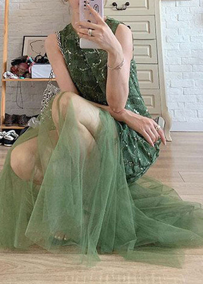 Beautiful Green O-Neck Patchwork Tulle Vacation Maxi Dresses Sleeveless