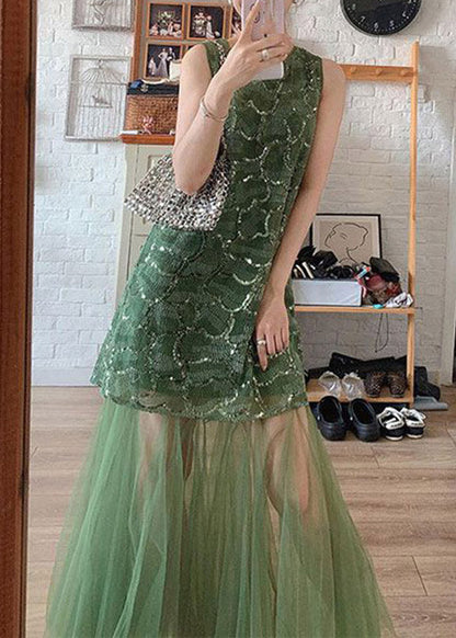 Beautiful Green O-Neck Patchwork Tulle Vacation Maxi Dresses Sleeveless