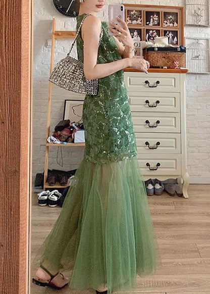Beautiful Green O-Neck Patchwork Tulle Vacation Maxi Dresses Sleeveless