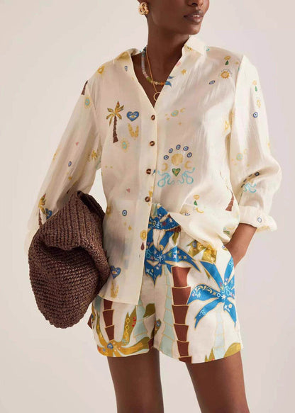 Bohemian Multicolor Peter Pan Collar Print Shirts And Shorts Two Pieces Set Spring
