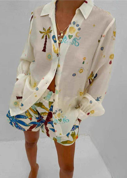 Bohemian Multicolor Peter Pan Collar Print Shirts And Shorts Two Pieces Set Spring