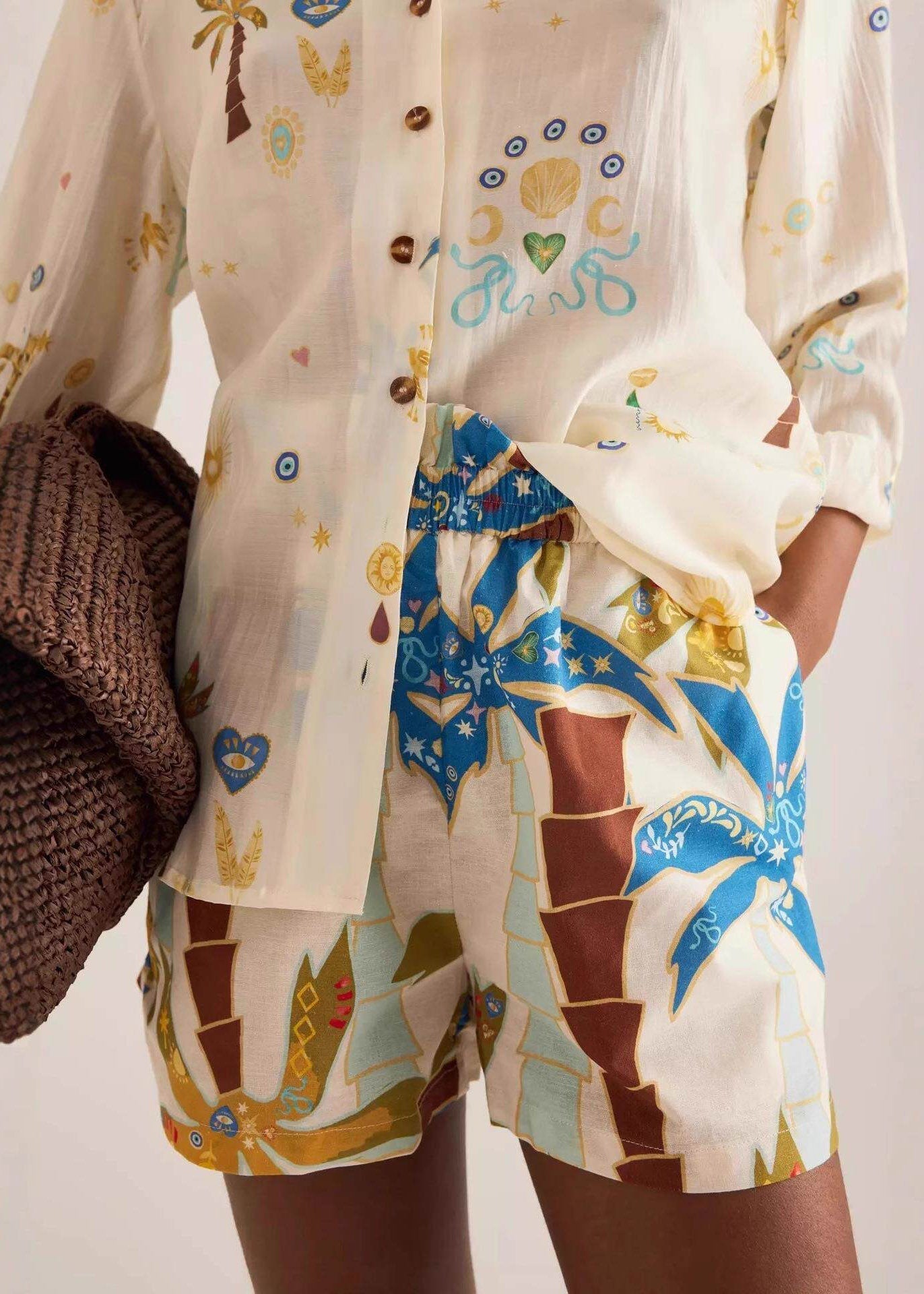 Bohemian Multicolor Peter Pan Collar Print Shirts And Shorts Two Pieces Set Spring