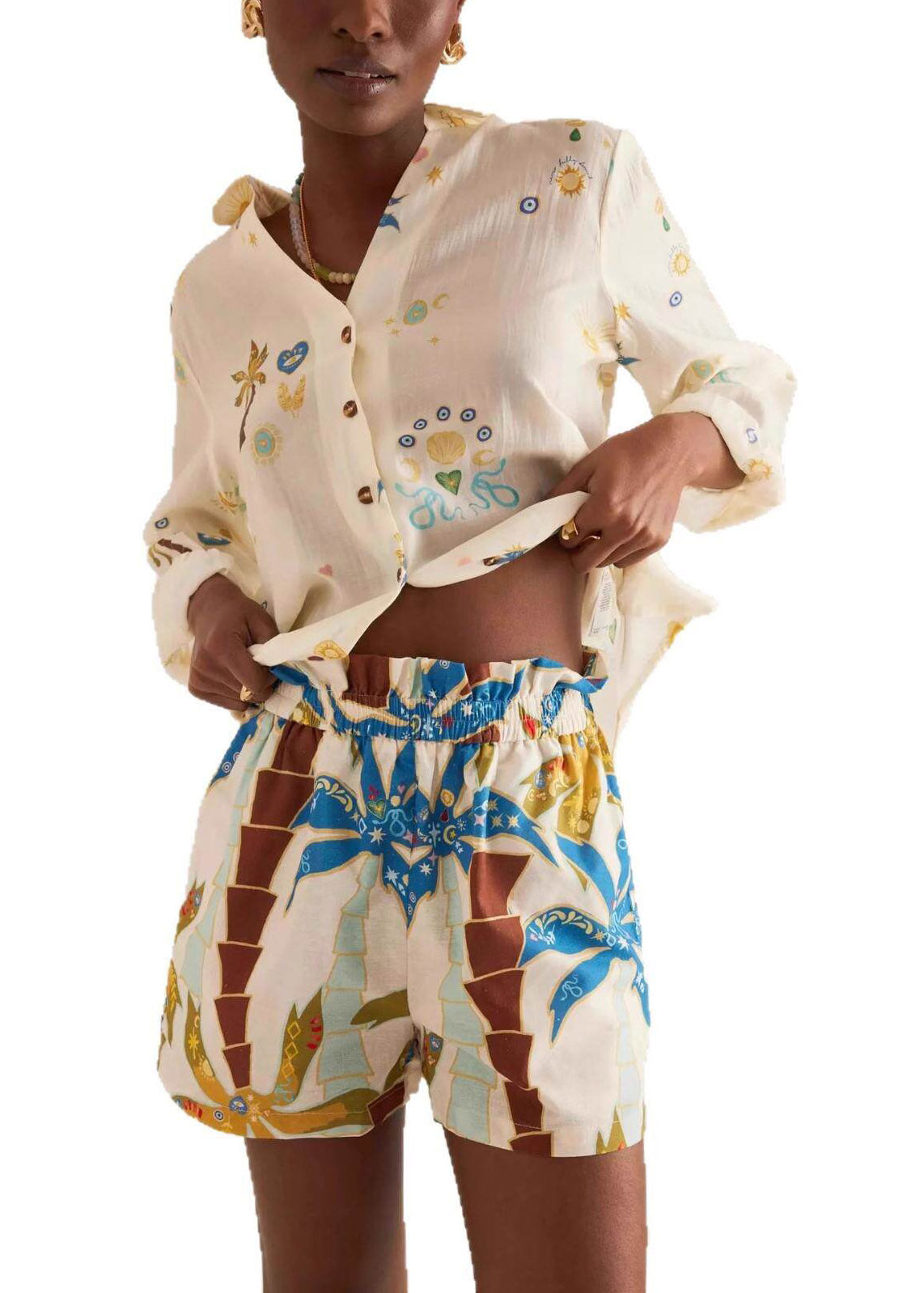 Bohemian Multicolor Peter Pan Collar Print Shirts And Shorts Two Pieces Set Spring
