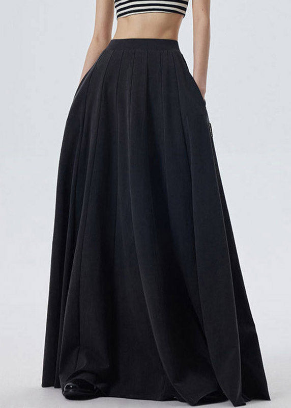 Casual Black Elastic Waist Solid A Line Skirt Spring