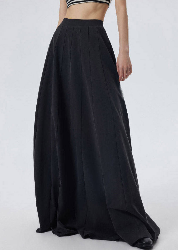 Casual Black Elastic Waist Solid A Line Skirt Spring
