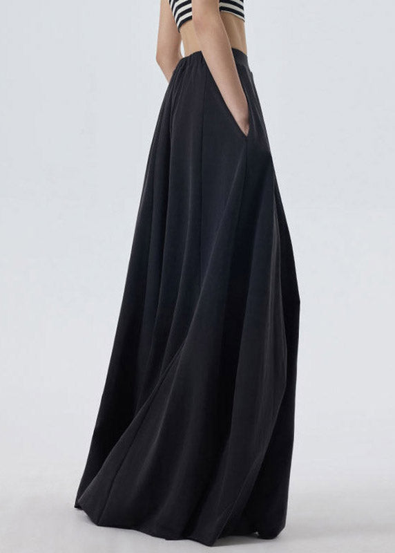 Casual Black Elastic Waist Solid A Line Skirt Spring