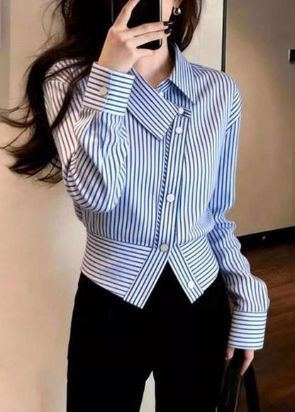 Chic Blue Striped Peter Pan Collar Button Shirt Spring