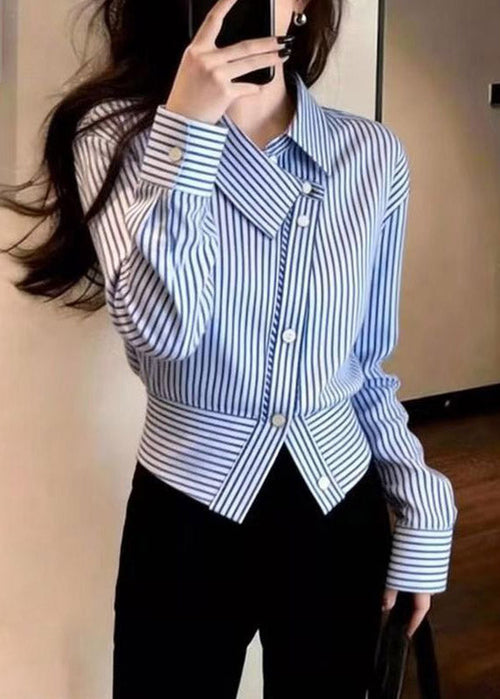 Chic Blue Striped Peter Pan Collar Button Shirt Spring