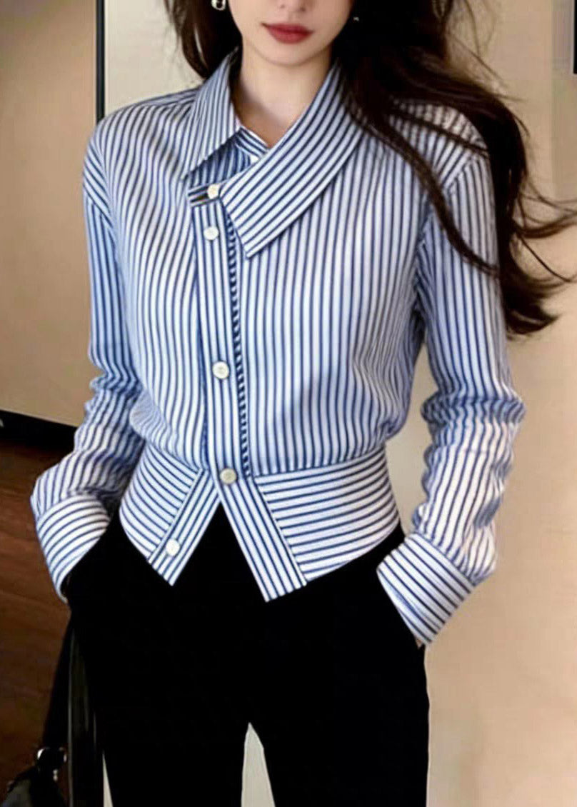 Chic Blue Striped Peter Pan Collar Button Shirt Spring