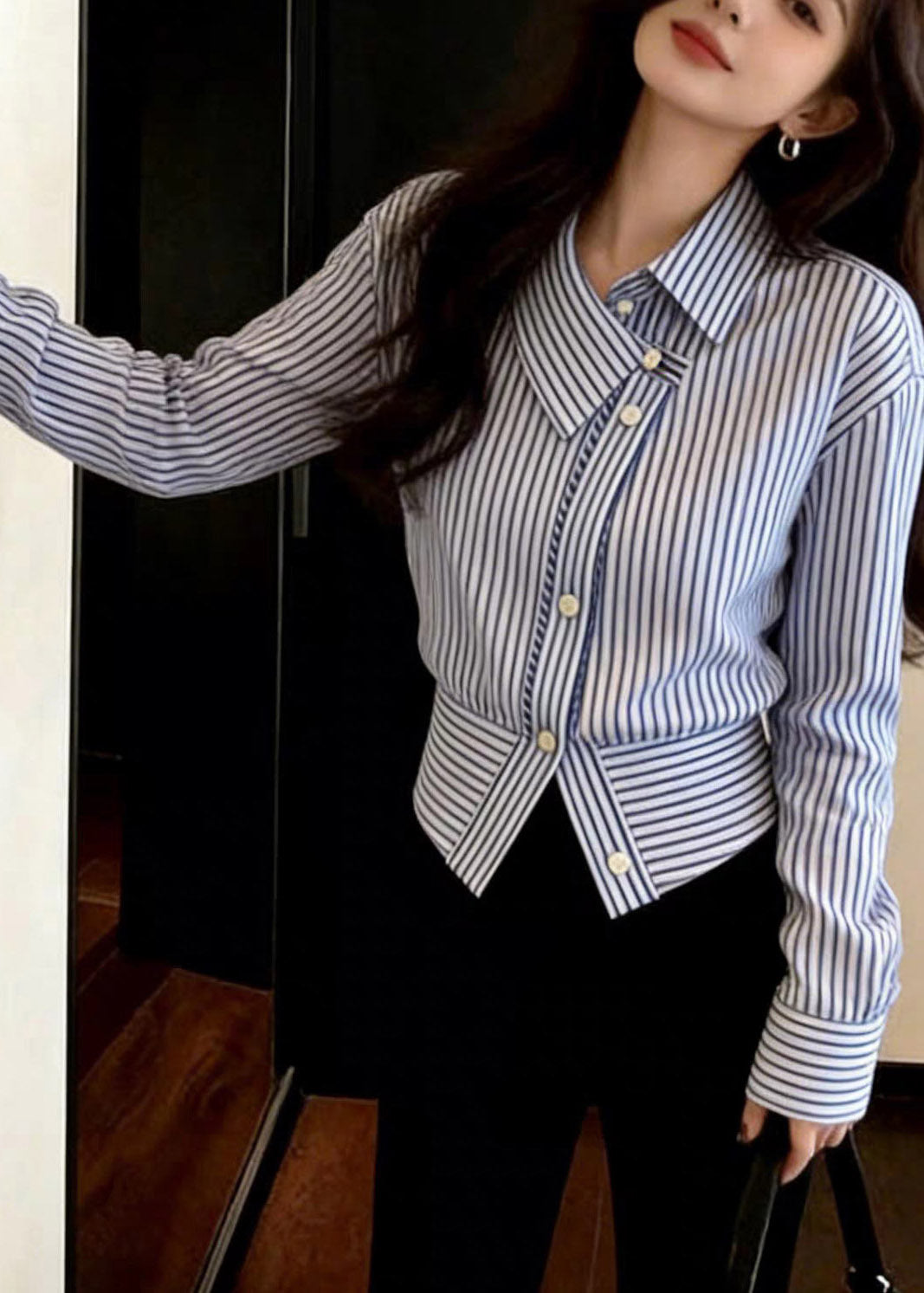Chic Blue Striped Peter Pan Collar Button Shirt Spring