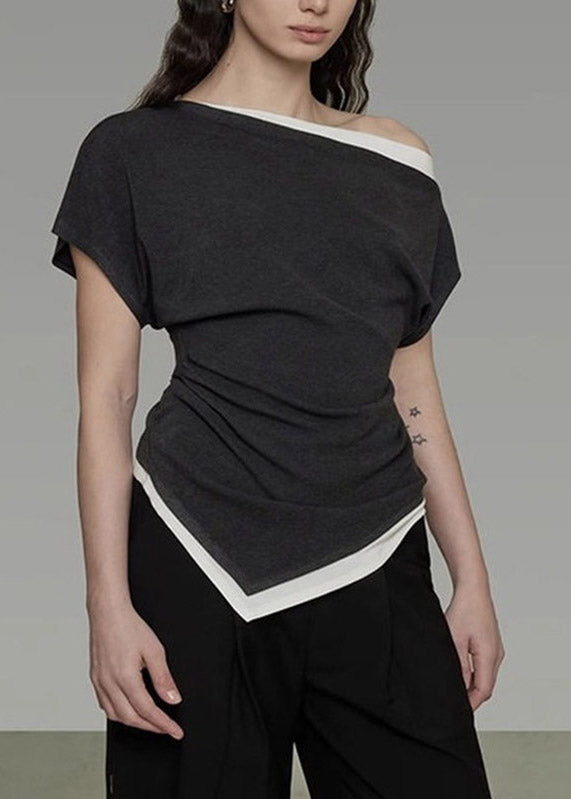 Chic Dark Grey Slash Neck Asymmetrical Top Short Sleeve