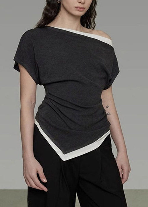 Chic Dark Grey Slash Neck Asymmetrical Top Short Sleeve