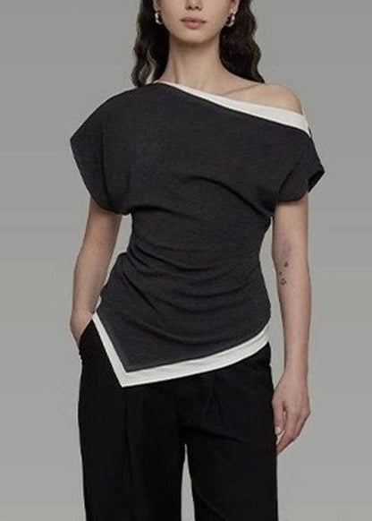 Chic Dark Grey Slash Neck Asymmetrical Top Short Sleeve
