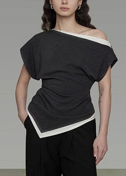 Chic Dark Grey Slash Neck Asymmetrical Top Short Sleeve