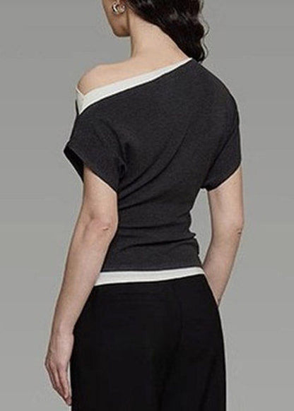 Chic Dark Grey Slash Neck Asymmetrical Top Short Sleeve