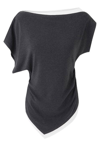 Chic Dark Grey Slash Neck Asymmetrical Top Short Sleeve