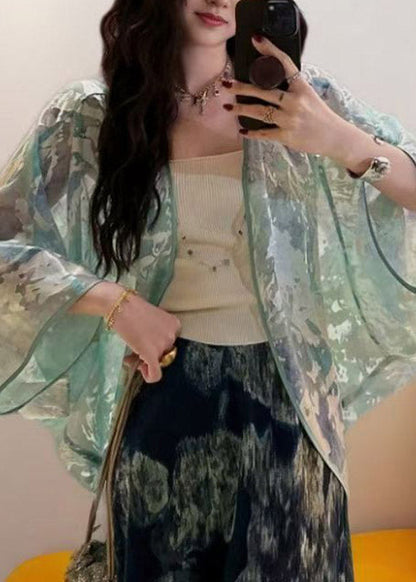 Classy Light Green V Neck Silk Coat Batwing Sleeve