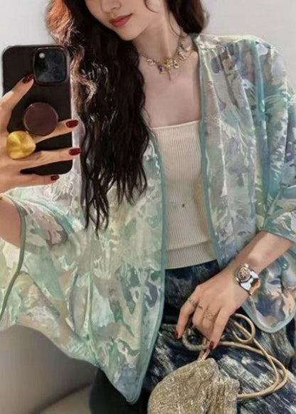 Classy Light Green V Neck Silk Coat Batwing Sleeve