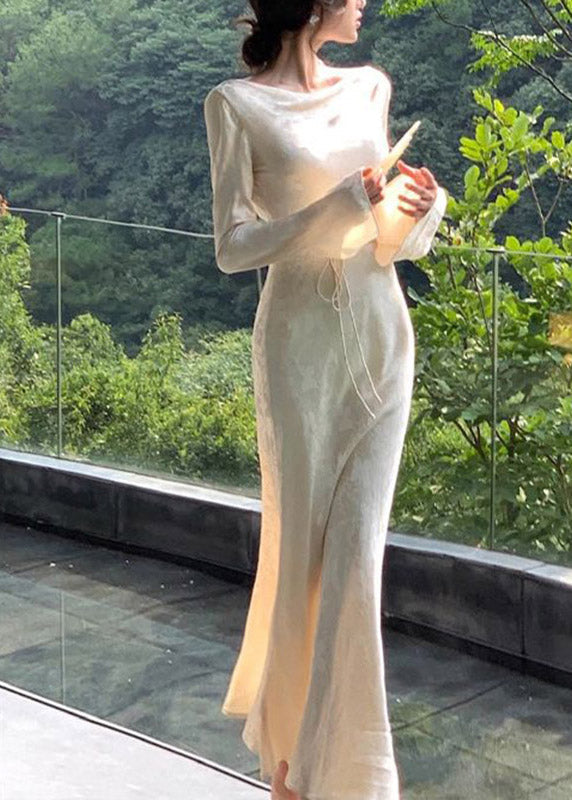 Dinner Champagne Slash Neck Draping Tunic Party Long Dress Flare Sleeve