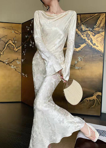 Dinner Champagne Slash Neck Draping Tunic Party Long Dress Flare Sleeve