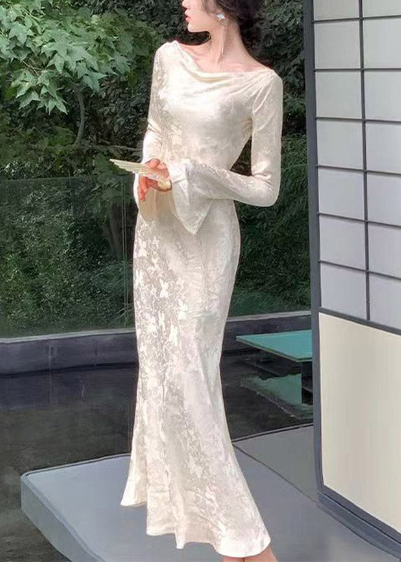 Dinner Champagne Slash Neck Draping Tunic Party Long Dress Flare Sleeve