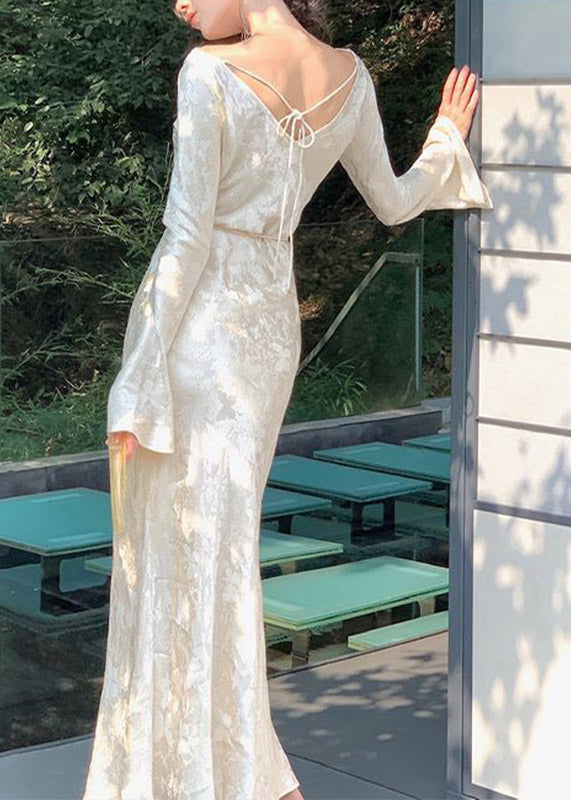 Dinner Champagne Slash Neck Draping Tunic Party Long Dress Flare Sleeve