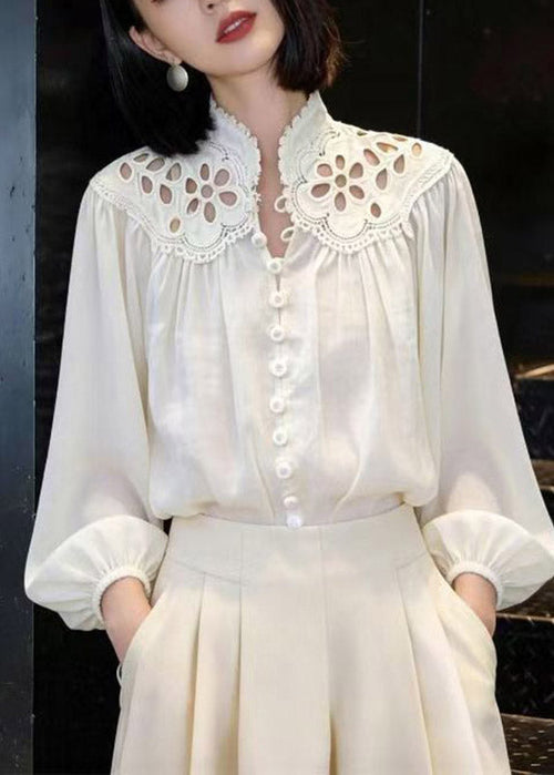 Elegant White Embroidered Hollow Out Lantern Shirt Spring