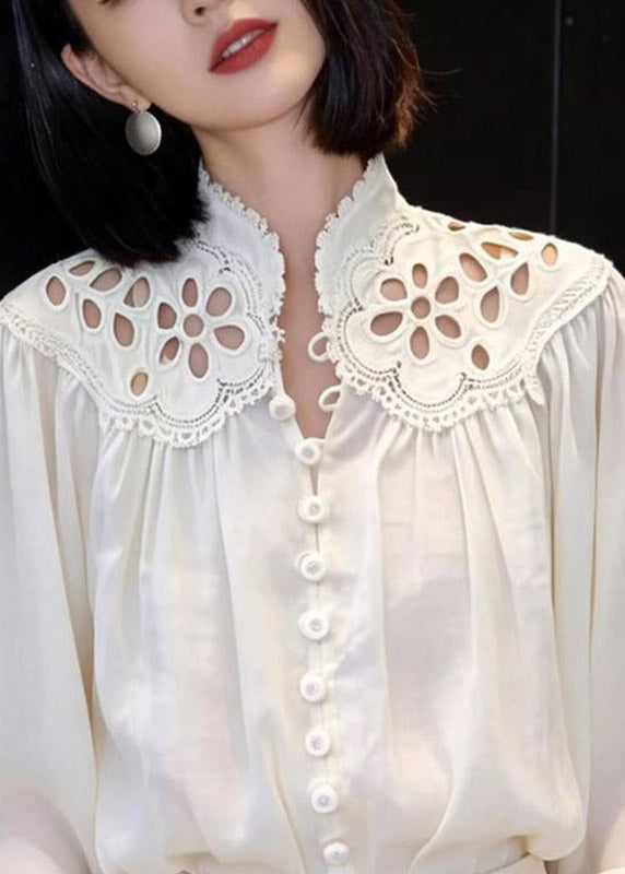 Elegant White Embroidered Hollow Out Lantern Shirt Spring