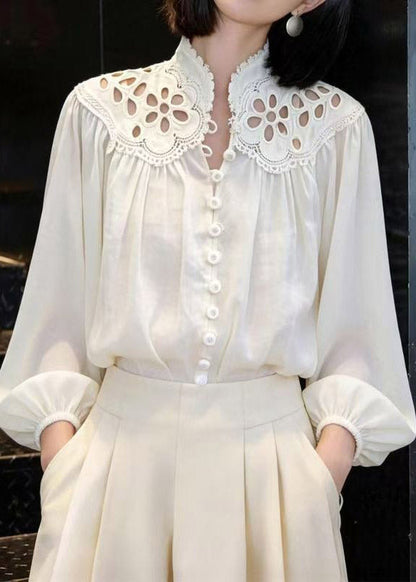 Elegant White Embroidered Hollow Out Lantern Shirt Spring